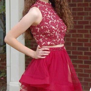 Jodi Kristopher SZ3 2-Pc. Wine Beaded Lace Halter Top & Sheer Skirt party Prom